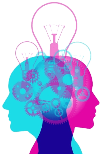 A cartoon drawing of two heads facing in opposite directions. In their heads are many cogs and light bulbs to indicate knowledge, thinking, and reflection.